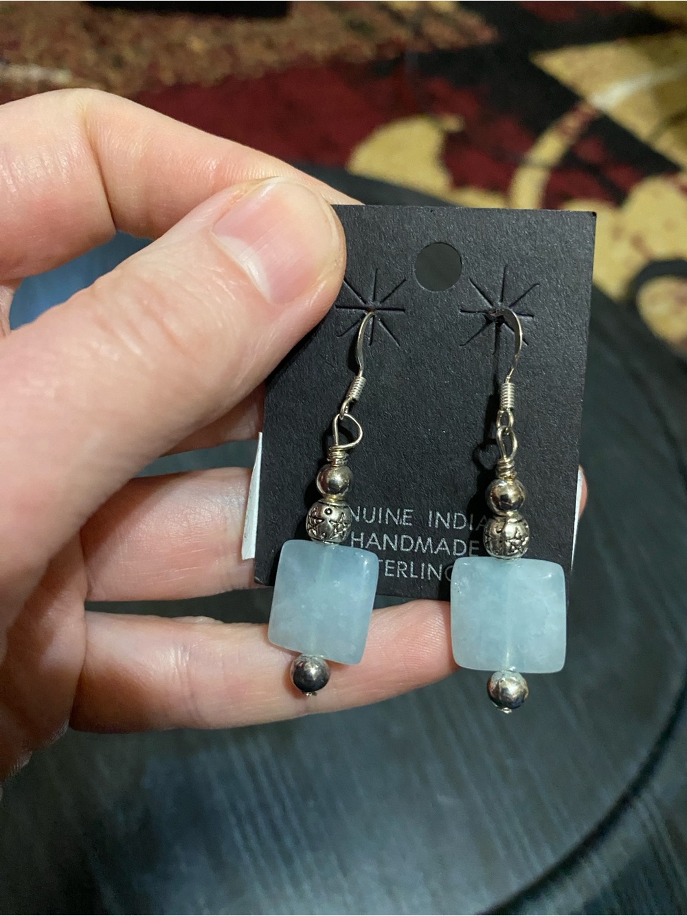 Handmade Light Blue Stone Sterling Silver Drop Earrings with steel accents.